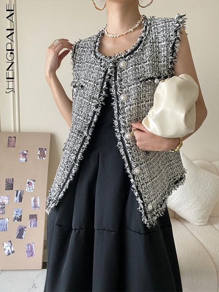 

vests shengpaiae round collar single breasted sleeveless vintage vest coat for women 2022 autumn tremdy elegant female clothing 5w267, Black;white