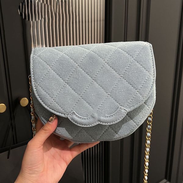 

designer half round denim saddle flap quilted bag diamond lattice crossbody shoulder handbag matelasse chain coin purse tote lovely wallet w