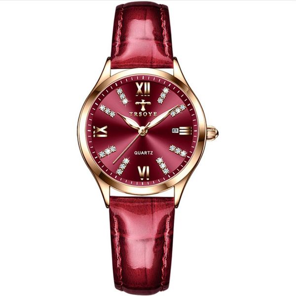 

trsoye brand wine red dial temperament womens watch breathable leather strap ladies watches luminous function trendy wristwatches294g, Slivery;brown