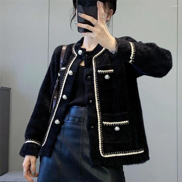 

Women' Wool White Mink Cashmere Sweater Coat Women Autumn Winter Lazy Black Outwear Korean Retro Loose O Neck Knitted Cardigan Fashion
