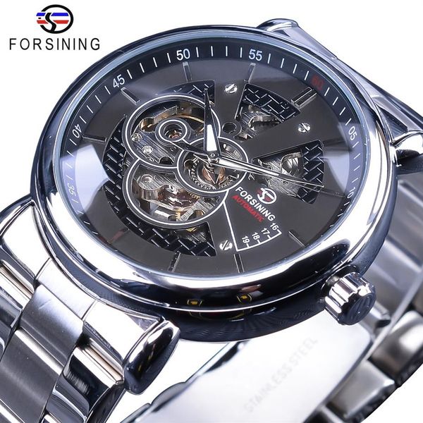 

forsining steampunk black silver mechanical watches for men silver stainless steel luminous hands design sport clock male3039, Slivery;brown