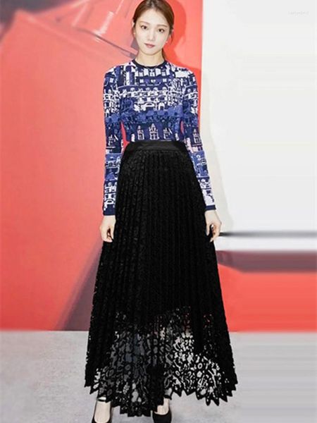 

work dresses women fashion vintage jacquard knitting sweater black lace a line midi skirt casual 2 pieces sets outfits winter autumn g201, White;black