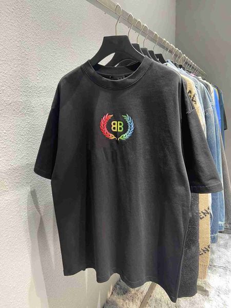 

t shirt spring and summer high version b wheat ear bb print pullover round neck loose and versatile pure cotton men's and women's, White;black