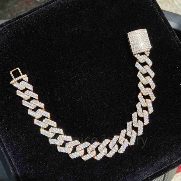 

customize fine jewelry 15mm 9inch vvs lab diamond 10k solid gold moissanite cuban bracelet, Silver