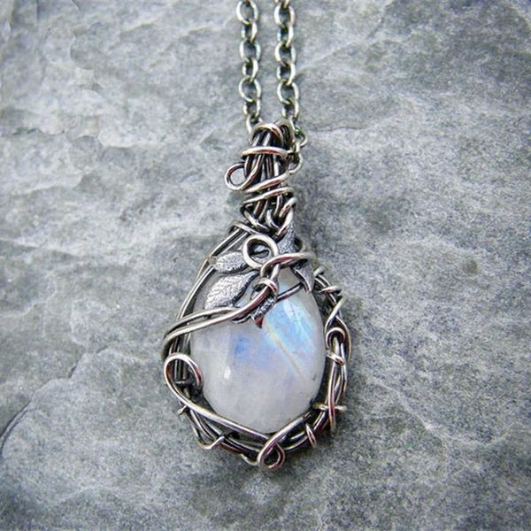 

pendant necklaces antique teardrop moonstone pendant artificial gems cabochon leaf rattan vintage boho waterdrop necklace for women lady gir, Silver