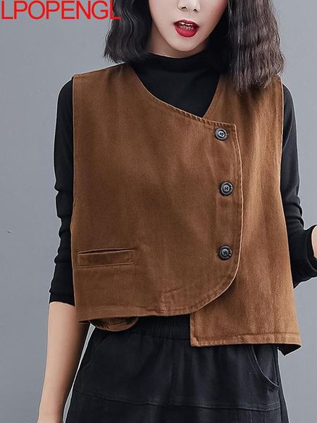 

vests new women loose vest cotton vneck sleeve button solid color casual coat 2022 spring korean style vintage simple cozy vest top, Black;white
