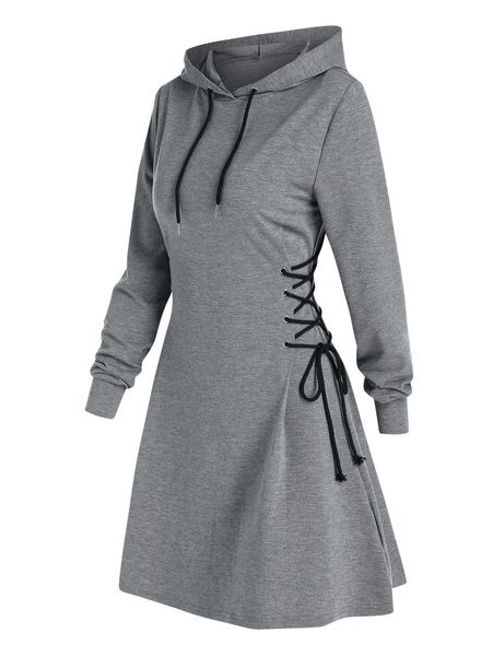 

casual dresses women long sleeve autumn drawstring lace up mini hoodie vestidos femme gothic fashion streetwear 230421, Black;gray