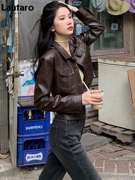 

jackets lautaro spring autumn short brown black light faux leather jackets for women long sleeve cool fitted korean style fashion 2022, Black;brown