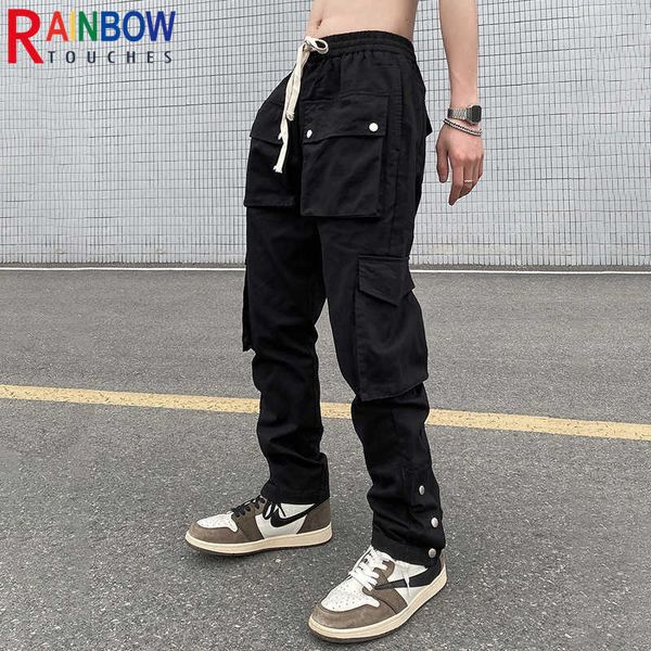 

men's pants rainbowtouches cargo pants 2022 brand new men's fashion safari style outdoors men pockets button loose trousers superi, Black