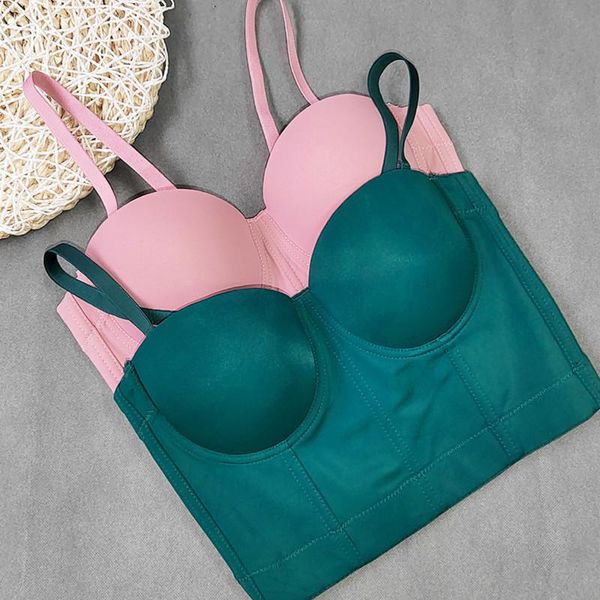 

t-shirt soft fabric brassiere solid color simple camisole push up bra underwear lingerie for women backless short y1281, White