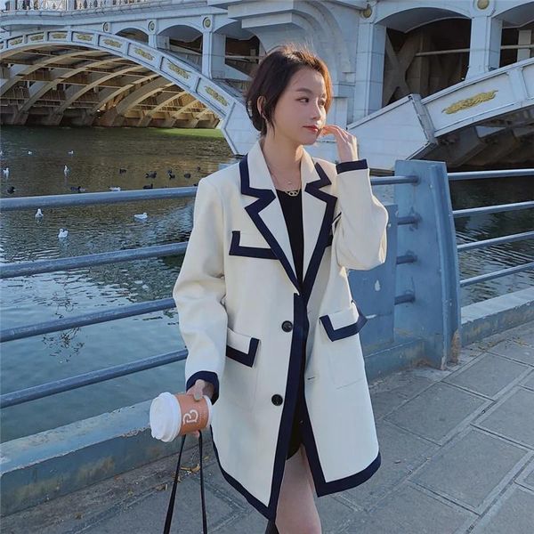 

pants spring autumn korean women color contrast beige blazer coat casual notched collar singlebreasted long sleeve female suit jacket, White