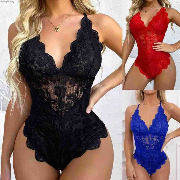 

set 2022 new bodysuit lace womens deep v neck jumpsuit pajamas hollow see-through teddy lingeriej2js, Red;black