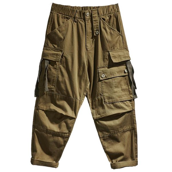 

pants heavy washed multi pocket overalls men's loose straight casual pants boys' pants military green pants, Black