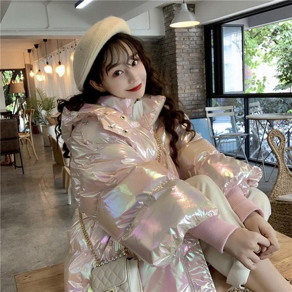 

leather short glossy down cotton jacket women's winter 2021student korean loose parkas cotton coats female hooded bread clothing outwea, Black