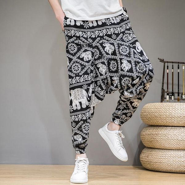 

pants baggy cotton linen men's women's harem pants hip hop wide leg trousers casual loose vintage nepal style pants size m5xl, Black