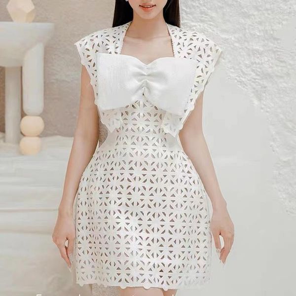 

casual dresses fashion summer white lace dress designer women sleeveless square collar bow hollow out embroidery party mini, Black;gray