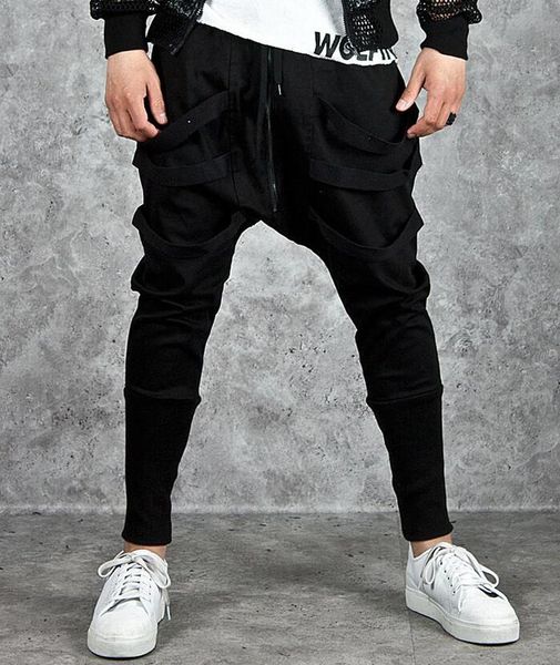 

pants fashion harem pants men hip hop baggy cross techwear trousers male black trend ribbon streetwear casual joggers pants man