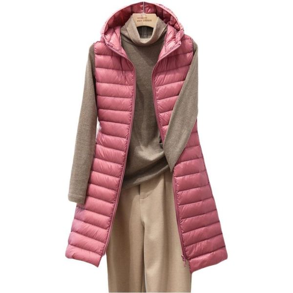 

vests newbang women sleeveless long waistcoat autumn winter ultra light down vest with hooded female portable duck down coat, Black;white