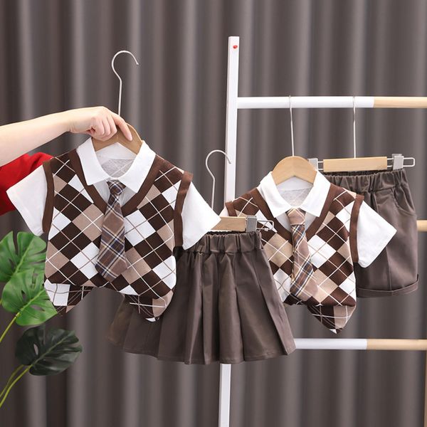 

clothing sets 2023 fashion summer boy and girls suit kids clothes children s short sleeve lattice tie skirt pants 2 piece 230420, White