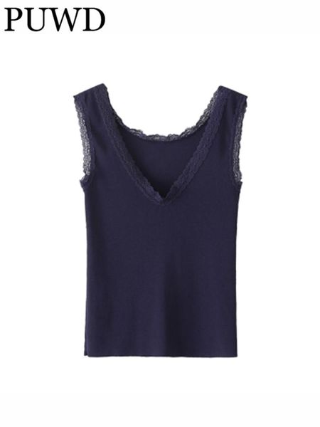 

tanks puwd women causal navy v neck lace slim tanks 2022 summer fashion ladies sweet female knitted soft cotton solid color top, Black;white