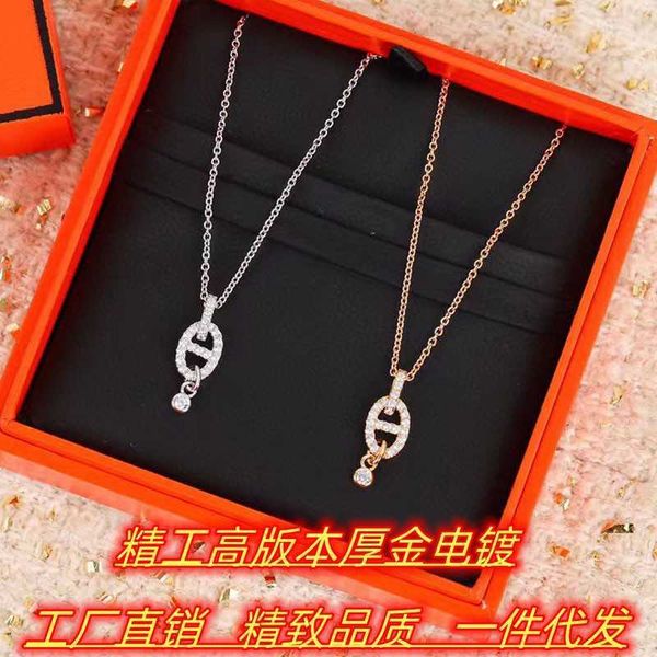 

designerseiko high edition s925 silver herms new full diamond pig nose pendant 18k rose gold necklace for women, Black