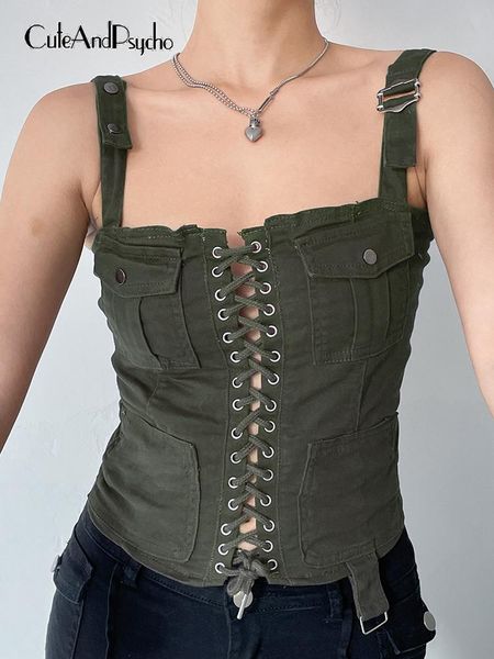 

t-shirt cuteandpsycho vintage fashion denim cargo camis chic front laceup y2k grunge outfits pockets harajuku slim crop corset tees, White