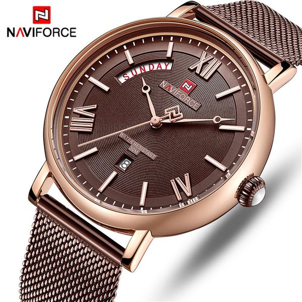 

naviforce watch men fashion business watches men's casual waterproof quartz wristwatch stainless steel mesh relogio masculino2597, Slivery;brown