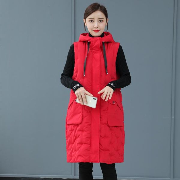 

vests letter embroidery long winter vest women big pockets hooded zipper ladies sleeveless jacket solid waistcoat for female, Black;white
