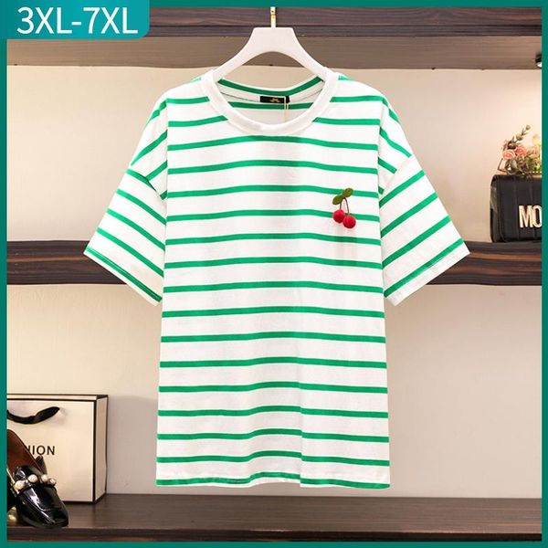 

t-shirt new 2022 summer plus size for women large size short sleeve loose cotton green stripe print tshirt 3xl 4xl 5xl 6xl 7xl, Black