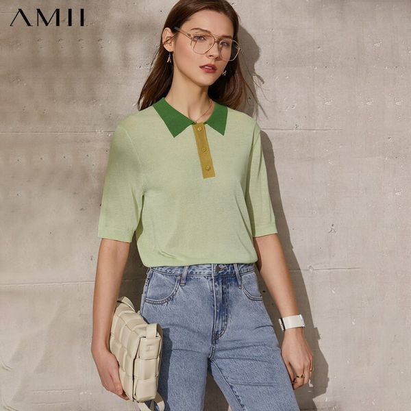 

women's t-shirt amii minimalism summer tshirt fashion patchwork lapel loose female shirt causal 12140329 230421, White