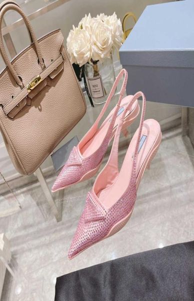 

summer new triangle buckle pointed water drill bag head sandals women039s thin with full diamonds air with banquet high heels353692019, Black