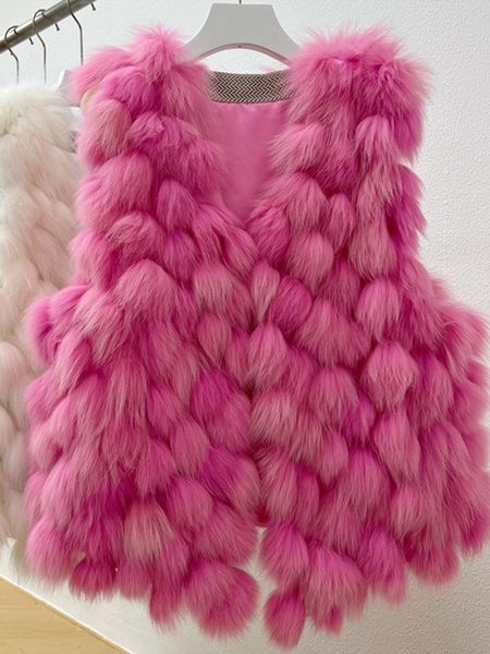 

fur 2022 new fashion real fox fur vest women knitted sleeveless fur gilet natural fox fur jacket luxury coat streetwear, Black