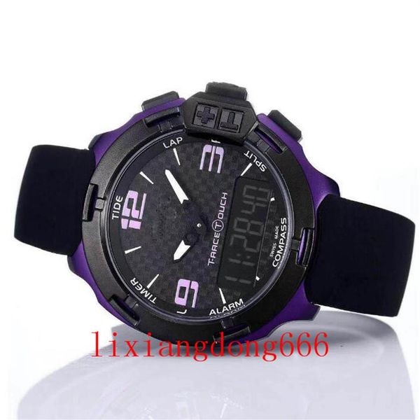 

t race touch t081 watch screen altimeter compass chronograph quartz black rubber strap deployment clasp blue mens wristwatches man211q, Slivery;brown