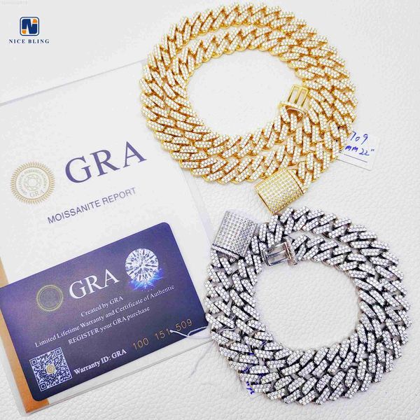 

pass diamond tester s925 silver 2 rows 12.3mm wide 14k/16k gold moissanite cuban link chain necklace
