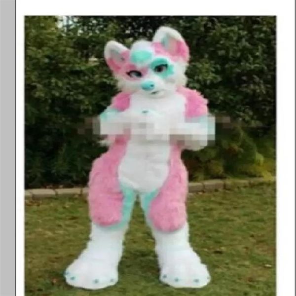 

2022 profession made pink long fur furry fox wolf husky dog mascot costume fursuit cartoon christmas party252m, Red;yellow