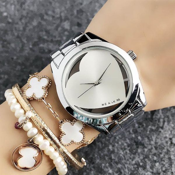

fashion brand women lady girl heart-shaped hollow dial style metal steel band quartz wrist watch m60253u, Slivery;brown