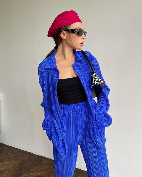 

pants conjunto de dos piezas para mujer traje plisado para mujer conjunto elegante de camisa y pantalones de cintura alta moda elegan, White