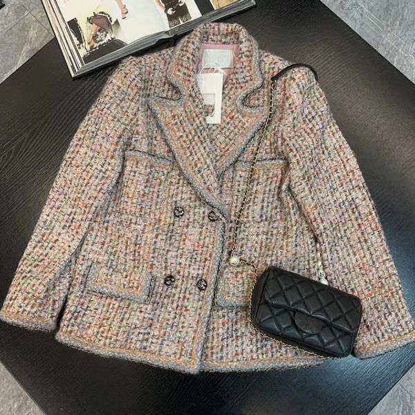 

fur european and american women's clothing winter 2022 new long sleeve suit collar double breasted fashion tweed coat, Black