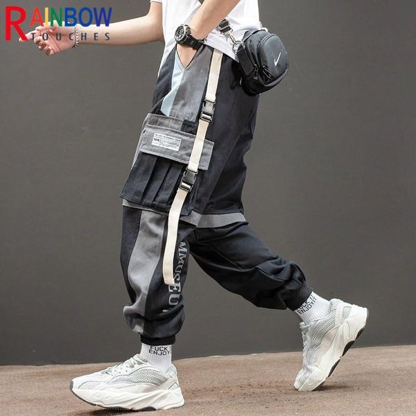 

pants rainbowtouches fashional brand men's cargo pants tie feet multiple pockets trousers safari style boys overalls superior quality, Black