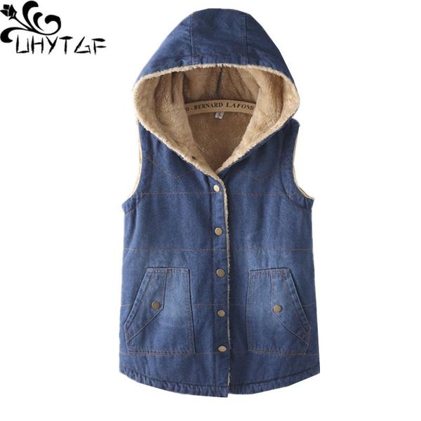 

vests uhytgf autumn winter sleeveless denim vest women fleece thick lamb cashmere warm vest waistcoat loose short jeans vests1514, Black;white