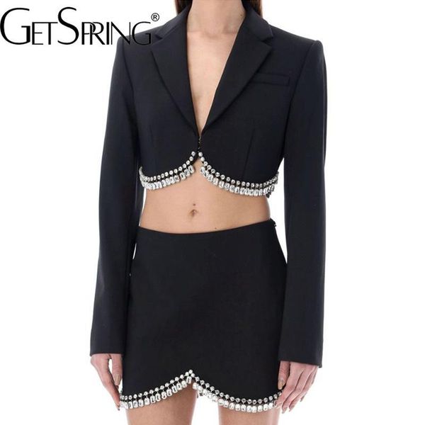 

dress getspring women skirt sets diamond notched collar short blazer coat high waist mini skirt two piece set 2022 autumn fashion, White