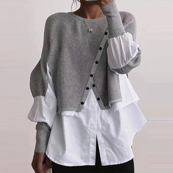 

Women' Blouses 2023 Casual Long Sleeve Office Top Pullover Fashion O Neck Knitted Patchwork Female Blouse Women Chic Skew Button Harajuku, Gray blue
