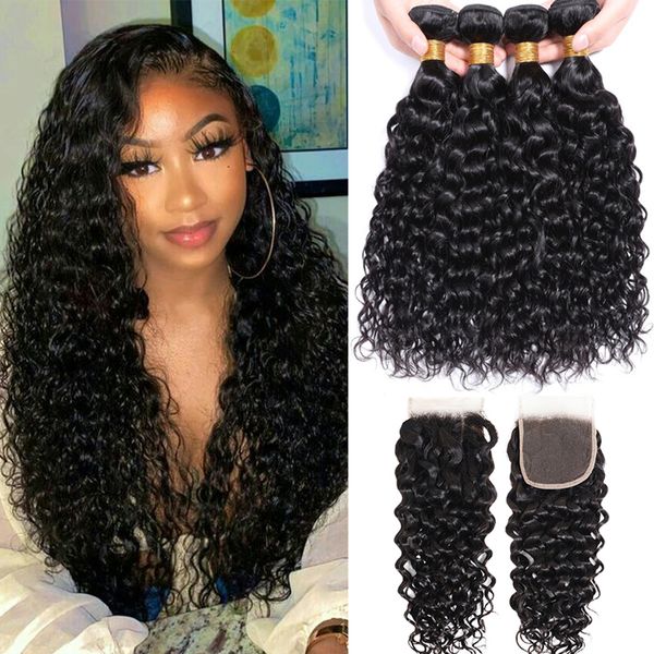 

hair pieces indian water wave bundles with clre wet and wavy curly human 12a remy weave 3 frontal 13x4 230420, Black;brown