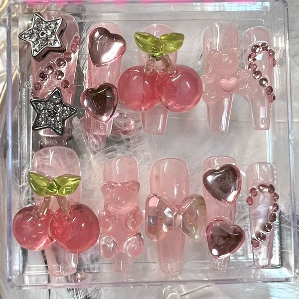 

false nails handmade y2k stars glittery short tips cute bear press on art diy reusable long coffin fake with glue gift 230421, Red;gold