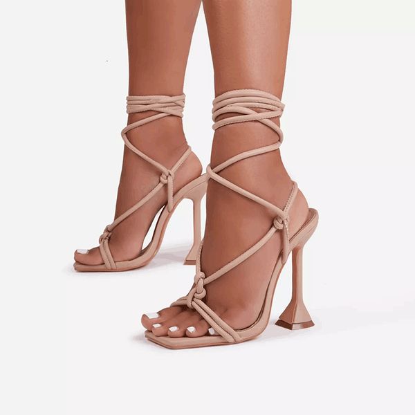 

sandals high-heeled shoes sandals pink stiletto party fish mouth cross strap metal pendant catwalk women's shoes35-42 large size 230421, Black