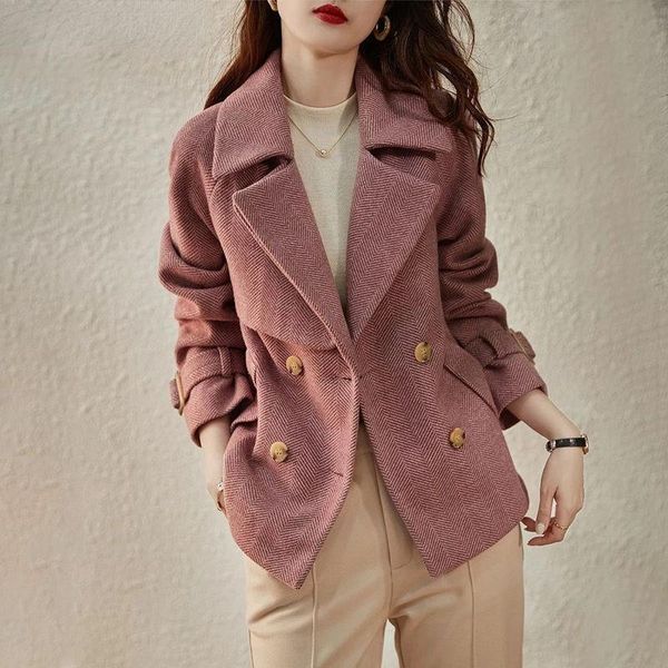

fur 2022 spring autumn new woolen jacket women fashion loose short outerwear wool coat female casual suit collar winter pink jackets, Black