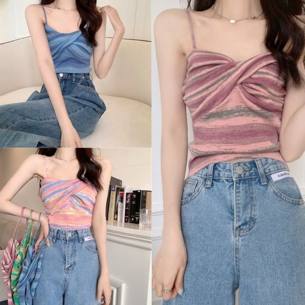 

womens camis french style spaghetti strap twist front camisole vintage colorful striped crop sweetheart neck slim-fit vest, White