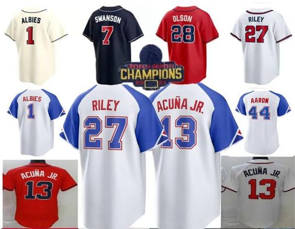 

2023 28 matt olson jersey freddie an dansby swanson 10 jones 13 ronald acuna jr. ozzie albies mike soroka 27 riley custom s-4xl baseball jer, Blue;black