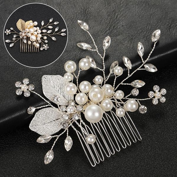 

women crystal pearl leaf hair combs wedding bride rhinestone hairpins festivals party hair accessories dress, Golden;silver