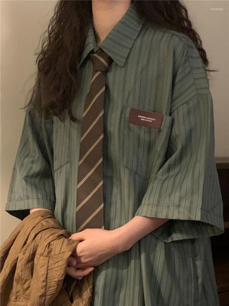 

Women' Blouses American Retro Japanese Necktie Short Sleeve Stripe Women Shirt Summer 2023 Loose Casual Vintage Turn-down Neck Top Mujer, Green